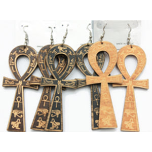 Etched Ankh Wood Earrings