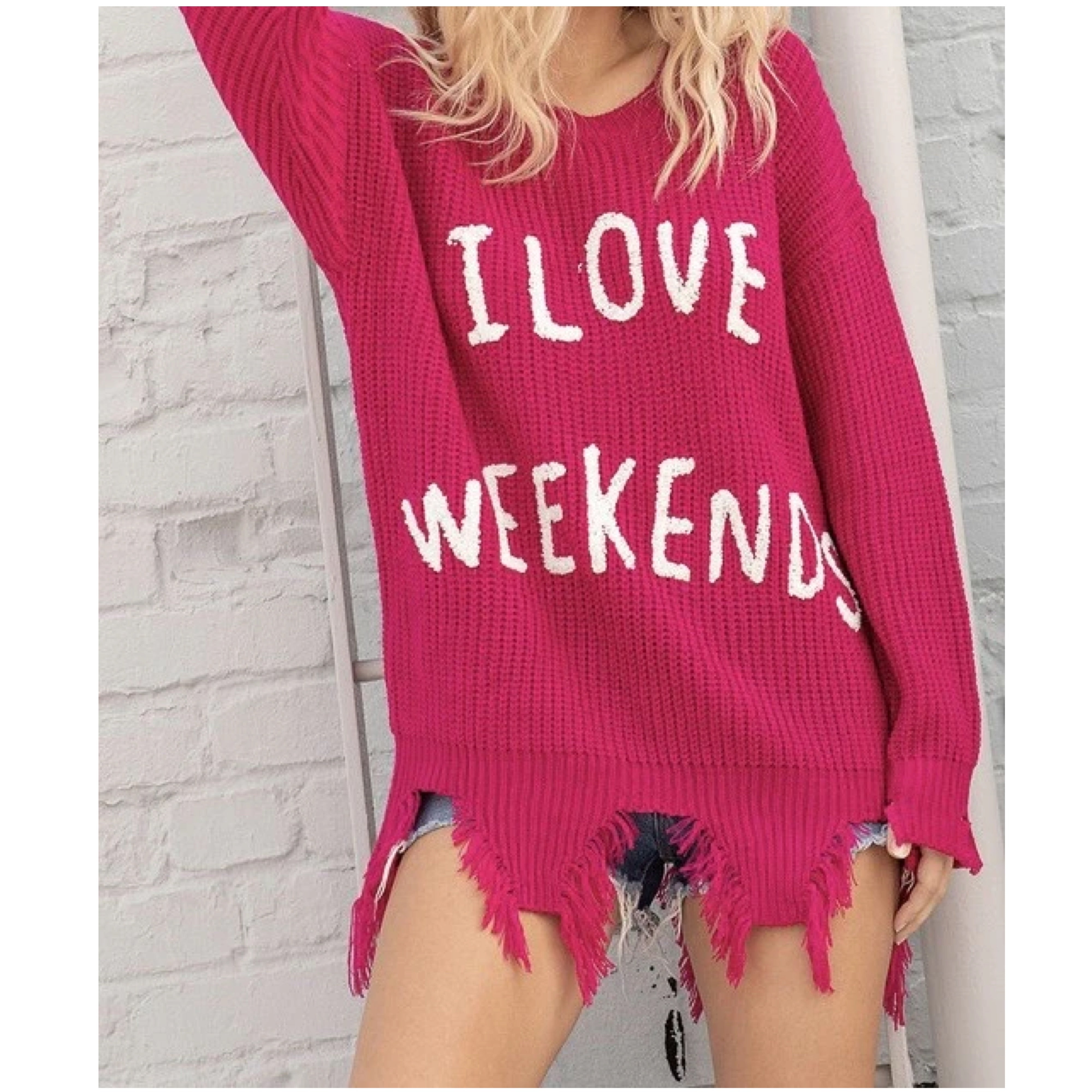 I Love Weekends Distressed Sweater