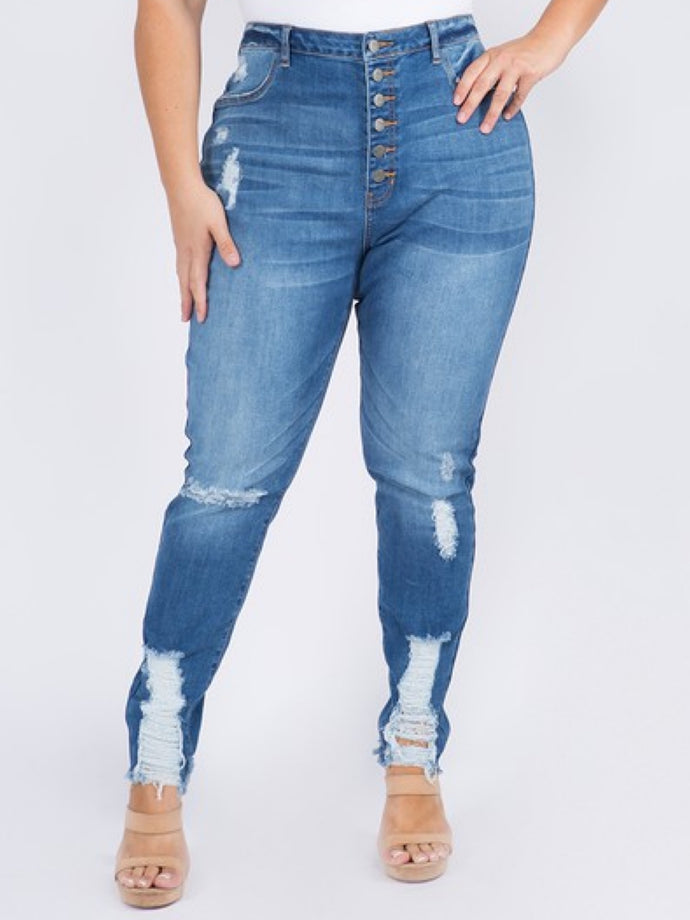 High Waist Distressed Skinny Jeans (Curvy)