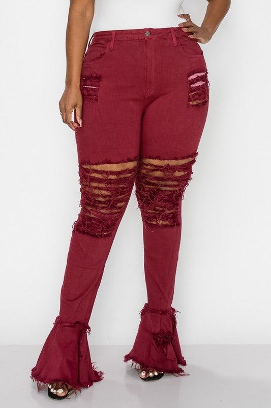 High Waist Distressed Flare Jeans (Curvy)
