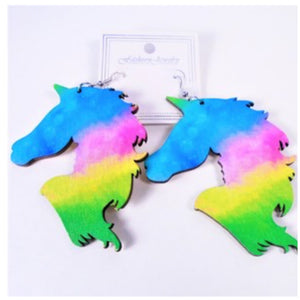 Multi Color Unicorn Wood Earring