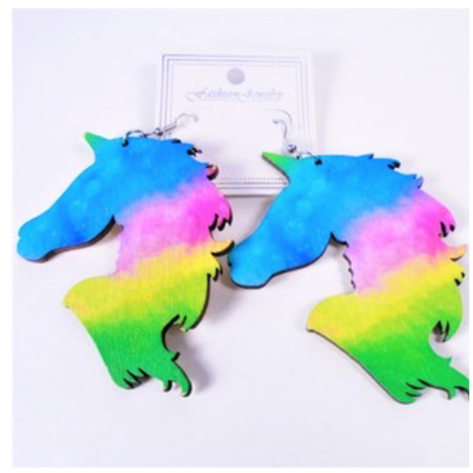 Multi Color Unicorn Wood Earring
