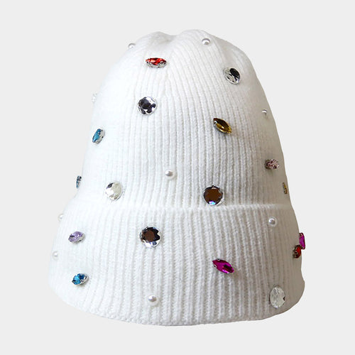 Pearl & Jewel Embellished Beanie (White)