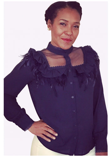 Navy Feather Blouse